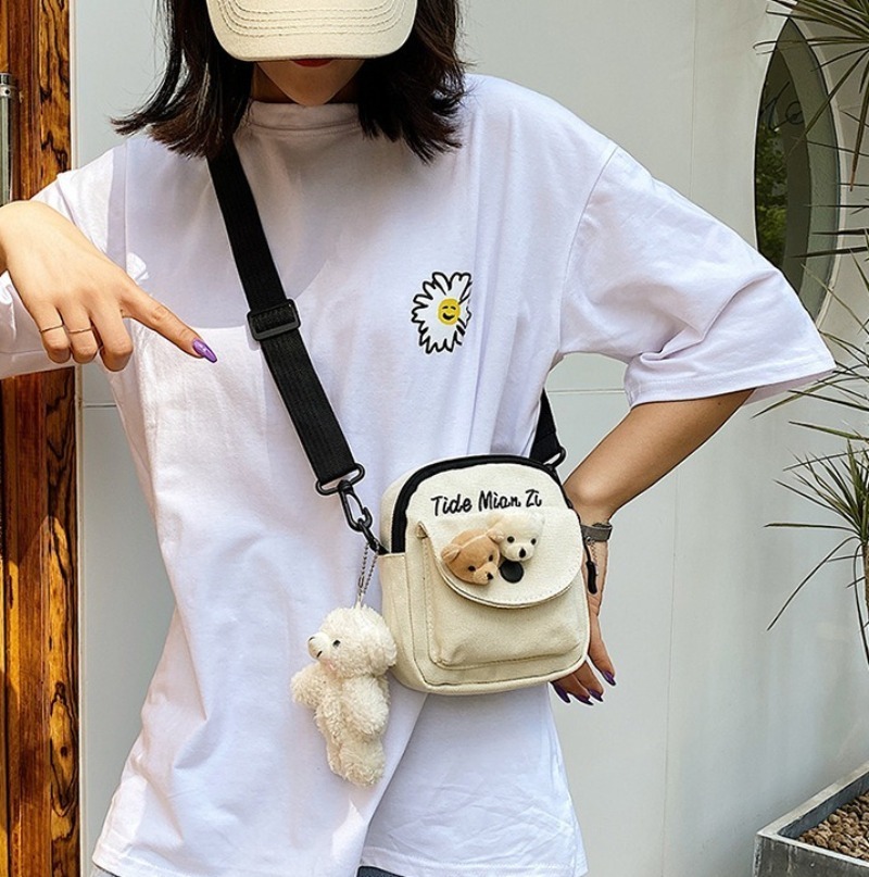 Travel Accessories For Girls - Sevimli Ayı Kanvas Mini Crossbody Çanta